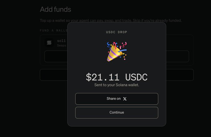 A dark-themed digital interface showing a 'USDC DROP' notification for '$21.11 USDC' sent to a Solana wallet, with a party popper graphic.