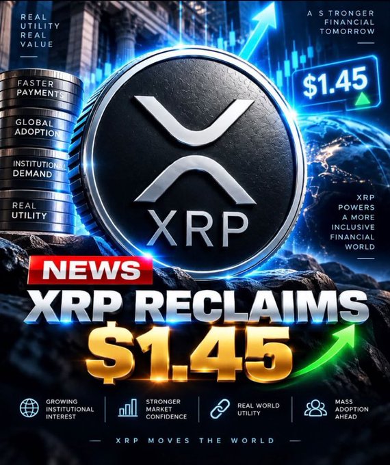 A promotional graphic featuring a large XRP coin with the headline "NEWS XRP RECLAIMS $1.45" and surrounding text like "FASTER PAYMENTS," "GLOBAL ADOPTION," and "XRP MOVES THE WORLD."