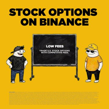 Yellow Binance promotional graphic featuring two cartoon mascots flanking a chalkboard that reads 'LOW FEES - TRADE U.S. STOCK OPTIONS WITH COMPETITIVE FEES.'