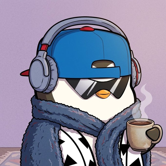An illustration of a penguin character wearing a backwards blue cap, sunglasses, large headphones, a fur-trimmed coat, and holding a steaming cup of coffee against a purple background.