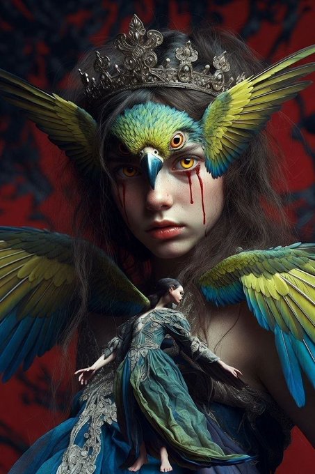 This surreal digital artwork features a central figure with bird-like features, including a feathered mask with yellow eyes and large wings, paired with a smaller, ethereal woman in the foreground. The image illustrates a sense of mythic storytelling, aligning with the promotional text's theme of "one story" for a unique art collector on the Tezos platform.