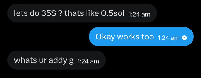 A text message exchange shows someone agreeing to pay 0.5 SOL for an unspecified deal and requesting the sender's "addy g" (wallet address). This relates to the post's promise of a "0.5 sol giveaway" by visually demonstrating the type of cryptocurrency transaction setup (sending Solana to a wallet address) being offered.