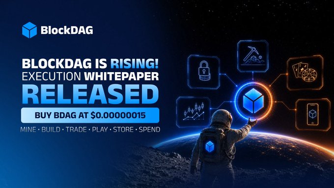 Promotional banner for BlockDAG announcing its execution whitepaper release, showing an astronaut touching a glowing blockchain network with icons for mining, security, charts, and storage, with text 'BUY BDAG AT $0.00000015' and the tagline 'MINE • BUILD • TRADE • PLAY • STORE • SPEND'.