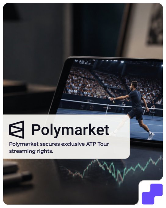 A tablet displays a tennis match with the announcement "Polymarket secures exclusive ATP Tour streaming rights," visually connecting the streaming of the sports event to a prediction market chart shown beneath it, reflecting the post's theme of prediction markets merging with sports entertainment.