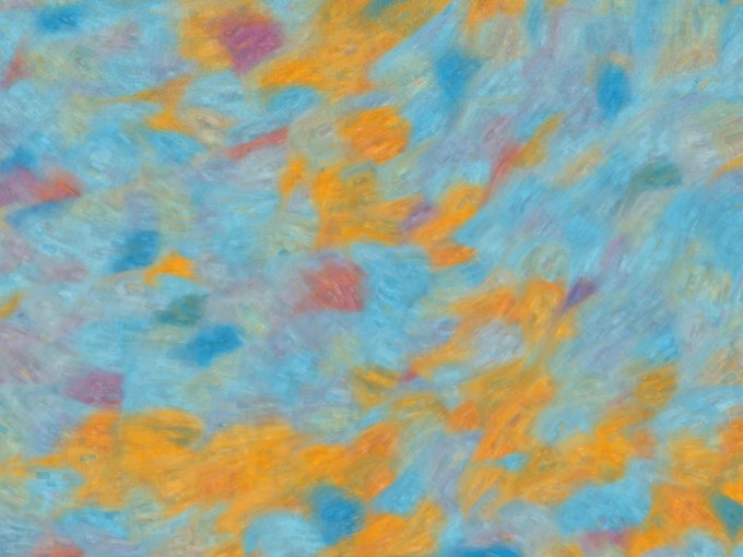An abstract painting or artwork featuring blended brushstrokes of light blue, orange, yellow, and pink in a soft, impressionistic style.