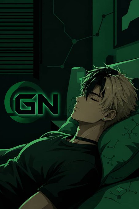 An anime-style illustration of a young man with two-toned hair sleeping, with the letters 'GN' displayed in green neon-style font beside him.