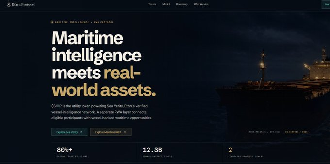 The Ethra Protocol website displays 'Maritime intelligence meets real-world assets,' describing SHIP as a Sea Vessel RWA token with statistics including 80%+ global trade by volume and 12.3B token supply.