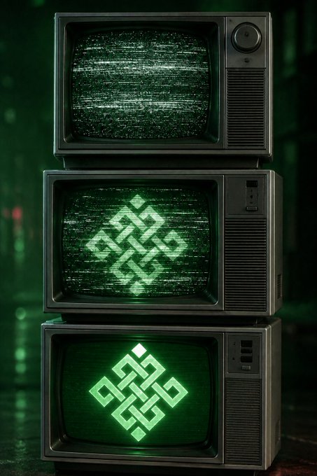 Three stacked vintage CRT televisions displaying green glitch-style screens, with the bottom two showing the eternal knot symbol, against a dark background.