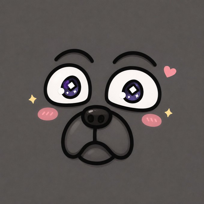 A cute cartoon drawing of a dark gray puppy or bear face with large sparkling eyes, blushing cheeks, and small pink hearts and stars around it.