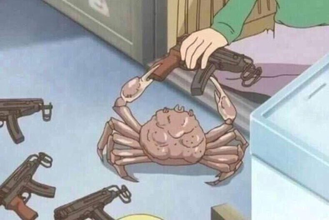 An anime-style illustration depicting a crab being handed a rifle by a person in a green sleeve, surrounded by other guns, in a scene that appears to be arming the crustacean.