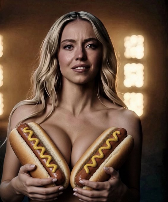A stylized illustration of a blonde woman posing with two hot dogs held against her chest in a dimly lit setting, playing on the "$hotdog is everywhere" caption to suggest the snack's ubiquitous, almost inescapable presence in everyday imagery.