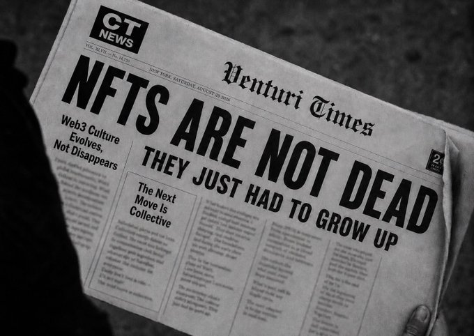 A grayscale image of a newspaper called 'Venturi Times' with the headline 'NFTS ARE NOT DEAD THEY JUST HAD TO GROW UP' and a subheading about Web3 culture evolving.