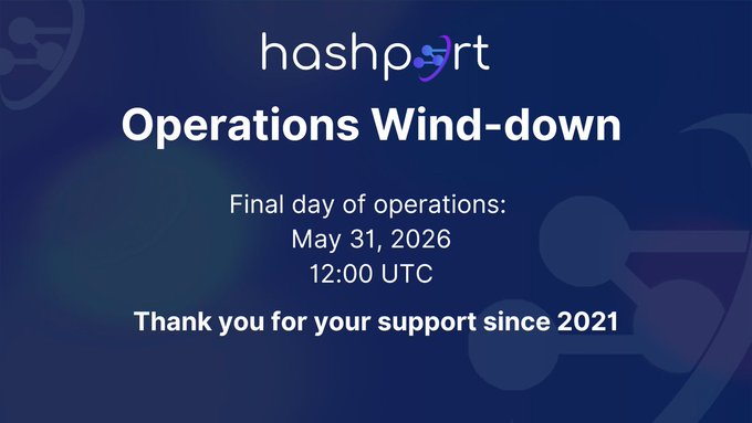 The image shows a banner with text about an upcoming event for hashport. The event is scheduled for May 31, 2016 at 12:00 UTC and will involve unporting assets from Hedera via hashport. The message encourages users to unport their assets before May 31, 2016, as hashport will shut down on that day.