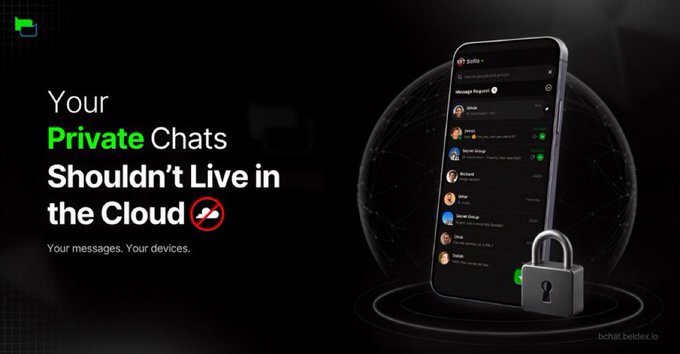 An advertisement for the Bitchat app displays the tagline 'Your Private Chats Shouldn't Live in the Cloud', alongside a phone showing a chat interface, the tagline 'Your messages. Your devices.', and the website bitchat.beldex.io.