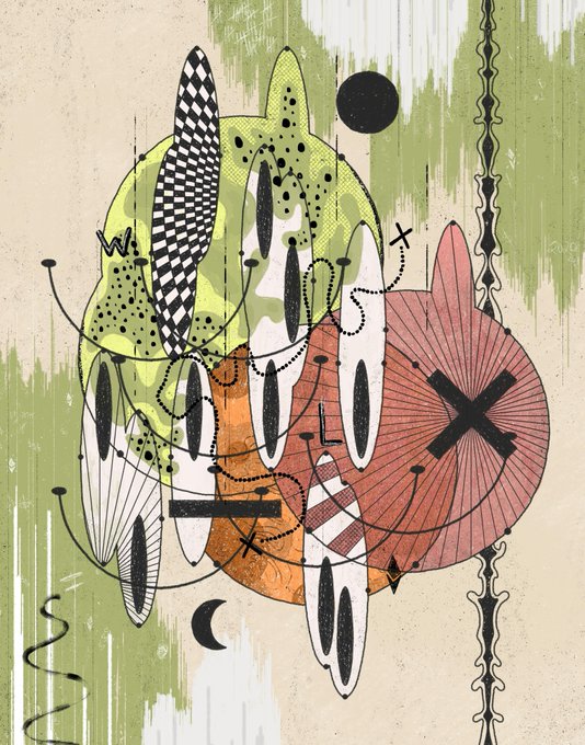 An abstract mixed-media artwork featuring green, orange, and pink shapes with checkered patterns, dotted lines, and a black 'X' against a textured background.