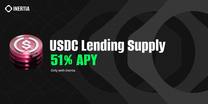 An advertisement for Inertia showing a stack of USDC coins with the text 'USDC Lending Supply 51% APY Only with Inertia'.