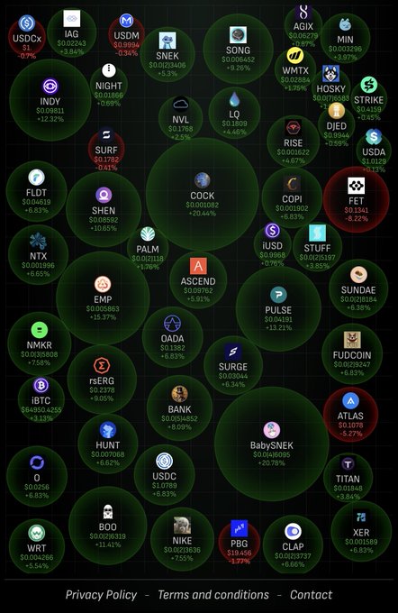 Crypto market visualization showing various token bubble sizes with prices and percentage changes, including USDCX, IAG, USDM, SNEK, INDY, WMTX, HOSKY, COCK, PI, OADA, and others, on a dark background.