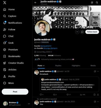 The image shows the X (Twitter) profile page of Justin Waldron (@justinwaldron), co-founder of Zynga and a verified account with 7,295 followers, displaying a bio that identifies him as a "venture capitalist" and noting he was "co-founder @zynga, @zyngapoker." The profile corroborates the post's description of him as a notable figure associated with Zynga, while the visible "Followed by Solana Gaming, Solana, and toly" tag aligns with the post's claim about his connections to Solana-related accounts.