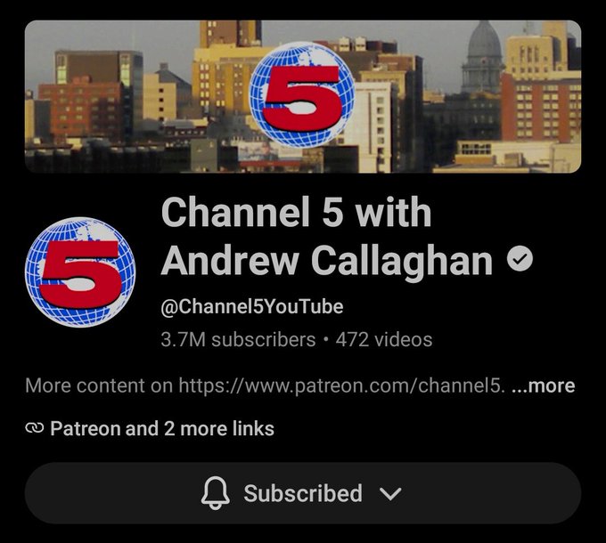 A screenshot of the YouTube channel 'Channel 5 with Andrew Callaghan' (@Channel5YouTube) showing 3.7M subscribers, 472 videos, and links to Patreon, with a 'Subscribed' button.