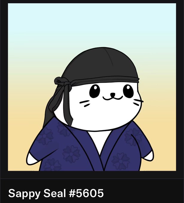 A digital illustration of 'Sappy Seal #5605' showing a cute white seal character wearing a dark blue floral kimono and a black bandana.