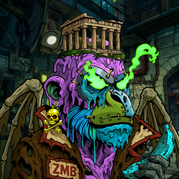 A vibrant cartoon illustration of a zombie-like creature with melting purple and blue skin, glowing green eyes, and stitched features, wearing a brown jacket with a skull-and-crossbones patch labeled 'ZMB', with a Parthenon-like temple on its head.