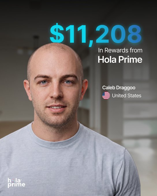 A man named Caleb Draggoo from the United States is featured in a Hola Prime promotional graphic, with text stating he earned "$11,208 In Rewards from Hola Prime." The image visually reinforces the caption's emphasis on his trading achievements, highlighting his profitability despite a low win rate of just 34%.