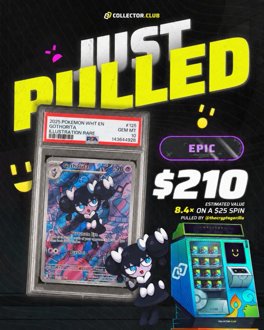 Collector.club promotional graphic announcing a 'JUST PULLED!' 2025 Pokemon Japanese card pull featuring a PSA 10 Illustration Rare Gothorita, with an estimated value of $210 and tagged @thecrptgorilla.