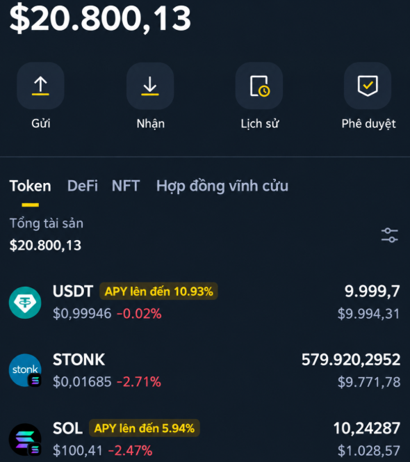 A mobile cryptocurrency wallet interface in Vietnamese displaying a total asset balance of $20,800.13, with tabs for Gửi (Send), Nhận (Receive), Lịch sử (History), and Phê duyệt (Approve), showing holdings in USDT, STONK, and SOL.