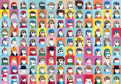A colorful grid displays numerous small cartoon-style character avatars, each with distinct outfits and features arranged in rows against various colored backgrounds.