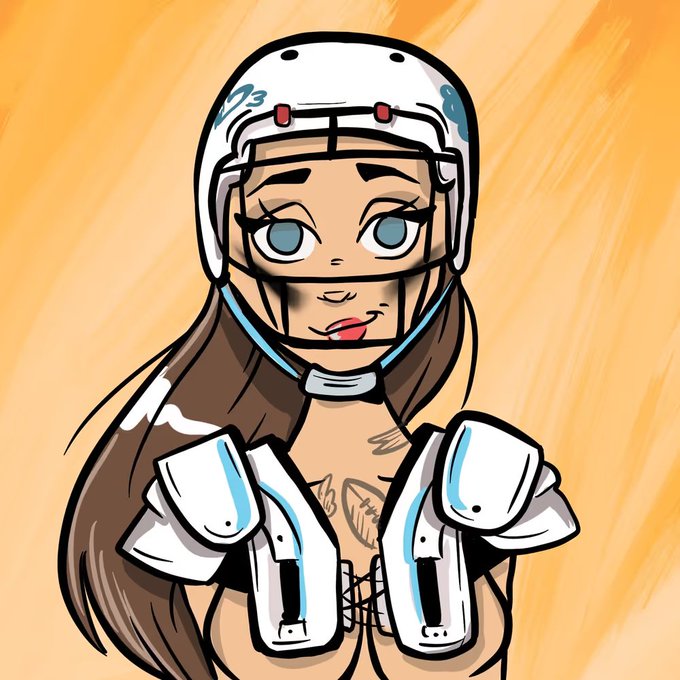 A digital illustration of a female character with a tattoo on her chest wearing a white football helmet and shoulder pads against an orange background.