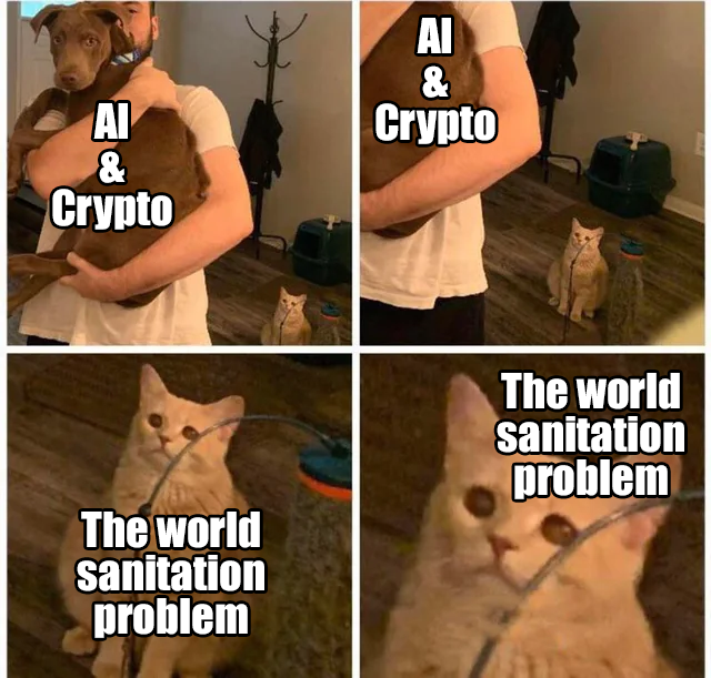 A four-panel meme shows a person holding a brown dog labeled "AI & Crypto" while a cat labeled "The world sanitation problem" approaches a water dish, with close-ups revealing the cat drinking from a toilet brush holder. The juxtaposition of cuddling AI/crypto hype alongside an overlooked sanitation crisis humorously mirrors the post's promotion of "$vibe" as the next big play—suggesting that while the poster celebrates quiet "alpha" wins, the real mess in crypto and AI may be the unsexy fundamentals everyone ignores.