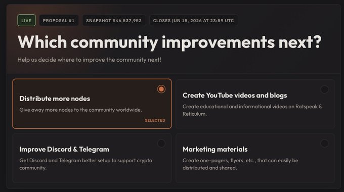 The image shows a screen from a video streaming platform, specifically a video streaming channel called @Ratspeakorg. The main focus of the image is a screen with text that invites viewers to vote for their favorite movie or show by giving away more nodes to the community. The video suggests this feature might help with community improvement as it promotes discussion and collaboration on content decisions.