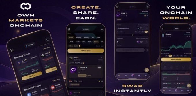 Promotional graphic for a crypto/onchain app with the tagline 'Own Markets Onchain,' featuring phone mockups of trending tokens, tokenized stocks, and swap interfaces.