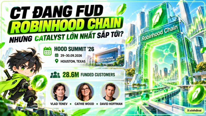Promotional graphic for Robinhood Chain mentioning the HOOD SUMMIT '26 in Houston, Texas (29-30.09.2026), highlighting 28.6M funded customers and featuring Vlad Tenev, Cathie Wood, and David Hoffman.