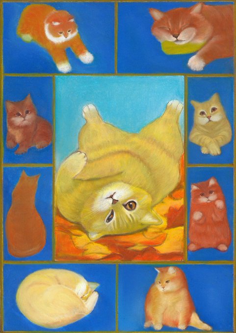 Colorful illustration featuring multiple cute cats in various poses around a central panel showing a sleeping yellow cat on its back, with surrounding cats in orange and tan tones against a blue background.