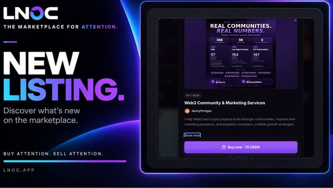 LNOC 'The Marketplace for Attention' promotional graphic advertising new listings, featuring a Web3 Community & Marketing Services page by sanitymcgan for 70 USD.