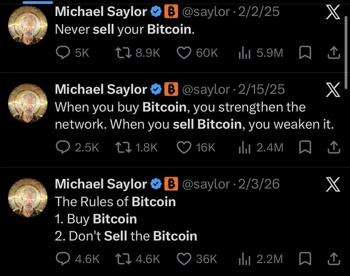 The image features a screen with three different posts made by an individual named Michael Sayor, all related to Bitcoin. The first two posts discuss the rules of Bitcoin and why you should never sell Bitcoins. The third post appears to be unrelated to the original tweets but has been edited to say "SAYLOR: I NEVER SAID THAT THE COMPANY WOULD NEVER SELL ITS BITCOIN". This edit is in front of the three Twitter posts, emphasizing the connection between the initial tweets and this new message.