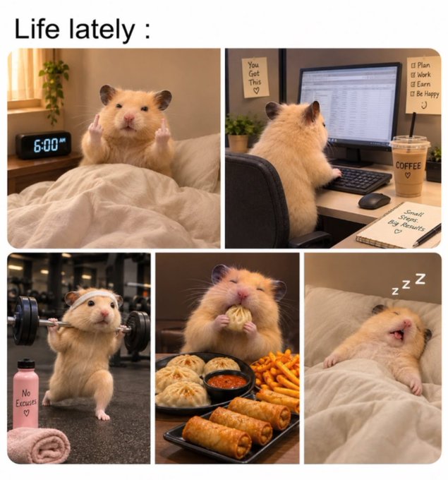 A meme-style collage titled 'Life lately' showing five photos of a cute hamster: waking up in bed at 6:00 AM, working at a computer with a 'You Got This' note and 'Coffee' cup, lifting weights at a gym with a 'No Excuses' water bottle, eating food including dumplings and spring rolls, and sleeping peacefully with 'zzz' above it.