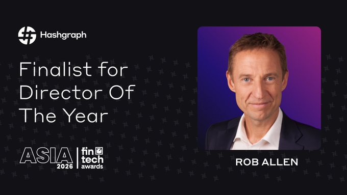 Promotional graphic from Hashgraph announcing Rob Allen as a Finalist for Director Of The Year at the Asia FinTech Awards 2026.