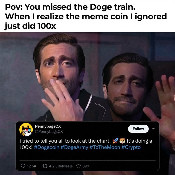 A meme featuring two images of actor Ryan Gosling with the caption 'Pov: You missed the Doge train. When I realize the meme coin I ignored just did 100x', overlaying a tweet from @PennybagsCX about Dogecoin.