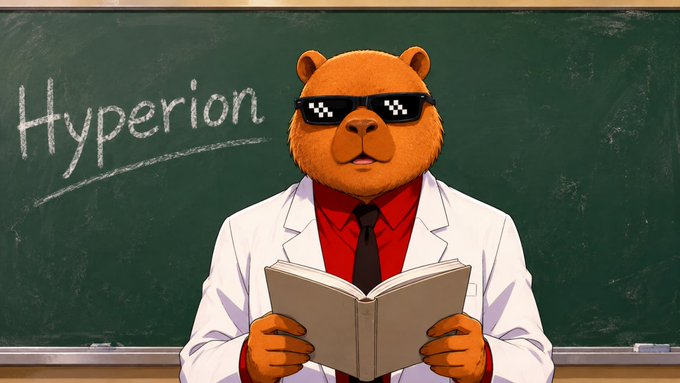 An illustrated brown bear wearing pixelated "deal with it" sunglasses, a lab coat, and a tie, reading a book in front of a green chalkboard with "Hyperion" written on it.