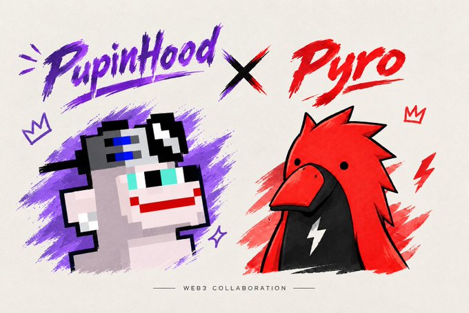 A promotional graphic for a 'PupinHood x Pyro' Web3 collaboration featuring a pixelated dog character and a red bird-like character.