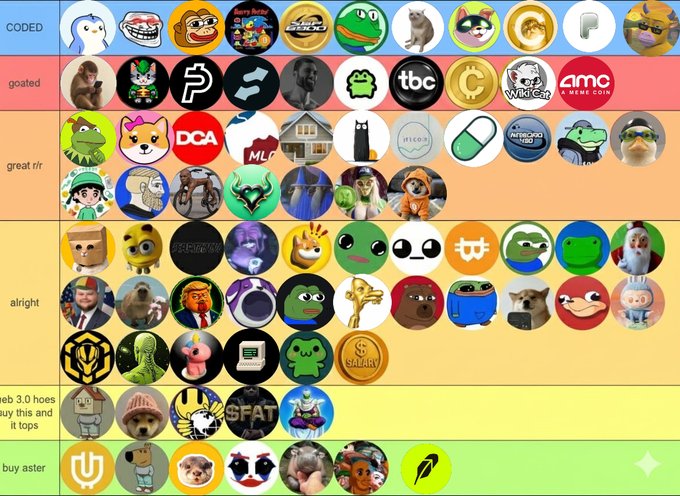 Tier list ranking various cryptocurrency meme coins and projects, with categories including 'coded,' 'goated,' 'great r/r,' 'alright,' 'feb 3.0 hoes buy this and it tops,' and 'buy aster,' featuring logos for Pepe, Doge, Shiba Inu, and others.