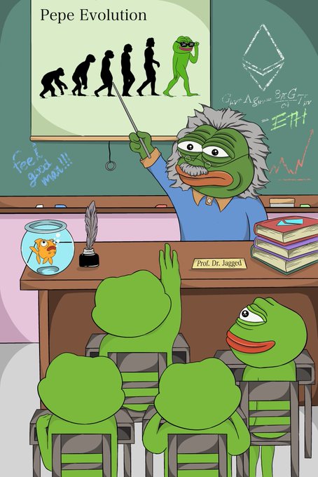 A cartoon parody depicting 'Pepe Evolution' on a chalkboard, taught by an older green frog professor labeled 'Prof. Dr. Jagged' to a classroom of young frog students.