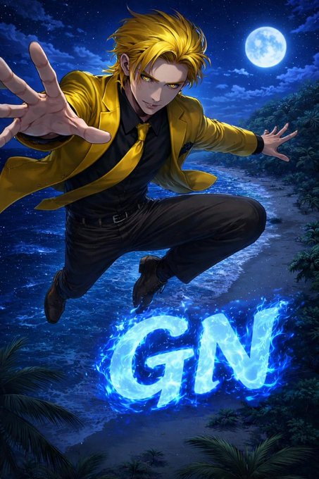 Anime-style artwork of a blonde man in a yellow jacket leaping dynamically with glowing blue 'GN' letters beneath him, set against a moonlit night scene with palm trees.