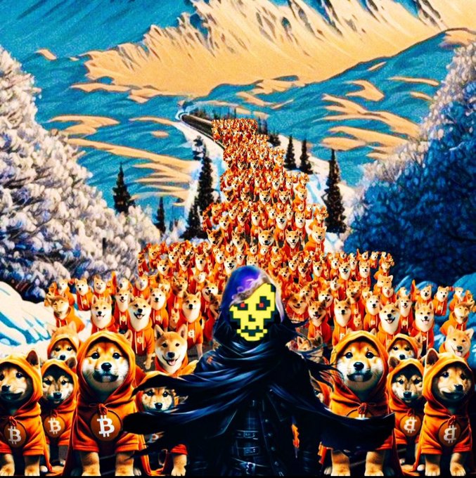 A surreal AI-generated artwork depicting a hooded figure with a pixelated skull face standing before an enormous army of Shiba Inu dogs in orange hoodies marked with the Bitcoin logo, set against a snowy mountain landscape.