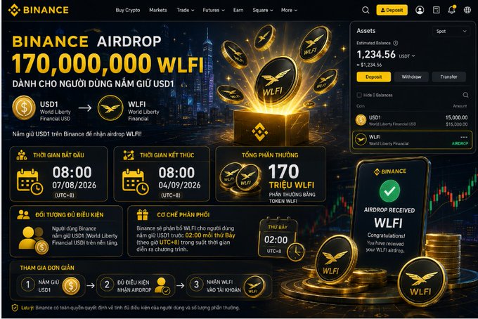 A Binance promotional banner advertising a 'WLFI AIRDROP' of 170,000,000 WLFI tokens to users holding USDT, with the airdrop running from 07/08/2026 to 04/09/2026.