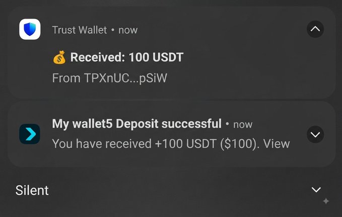 A screenshot of mobile notifications on a dark background shows two alerts: one from Trust Wallet stating 'Received: 100 USDT From TPXnUC...pSiW', and another from 'My wallet' stating 'Deposit successful: You have received +100 USDT ($100). View'.