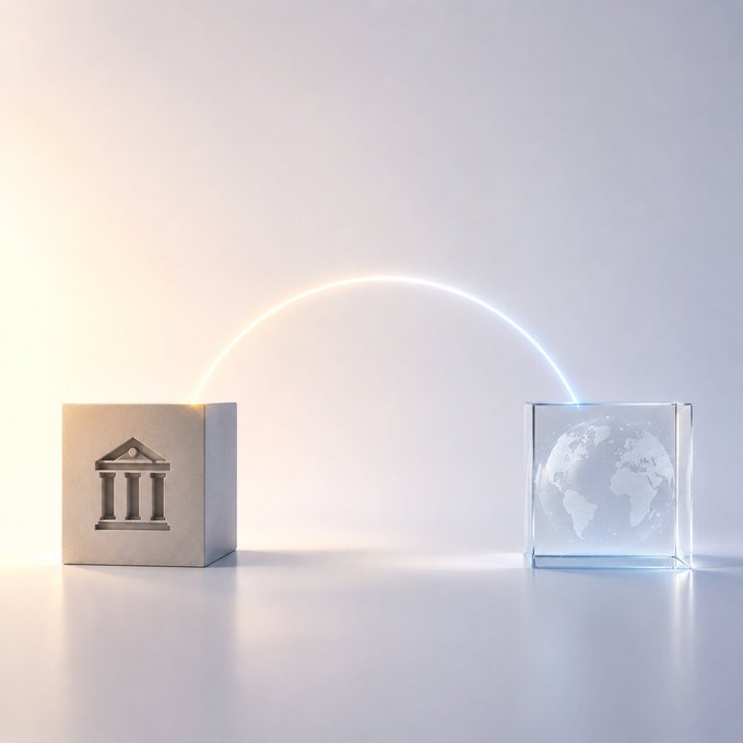 A glowing arc connects a stone cube etched with a classical bank/column icon to a transparent cube containing a globe, symbolizing the bridge between traditional finance and global digital infrastructure. The image visually represents the post's message about SimpleChain serving as the foundational protocol linking trusted data and tokenized assets in the DataIPO ecosystem.