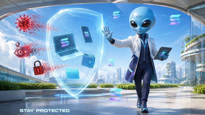 An alien character in a lab coat labeled 'KAV' holds a tablet displaying a logo while projecting a blue shield that blocks viruses and hackers (eye and padlock icons) from digital devices, with the text 'STAY PROTECTED' at the bottom.